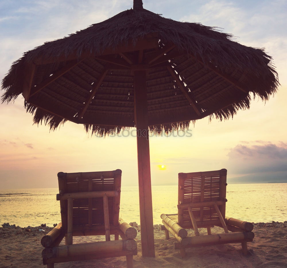 Similar – Image, Stock Photo Wooden umbrellas in a beach at sunset