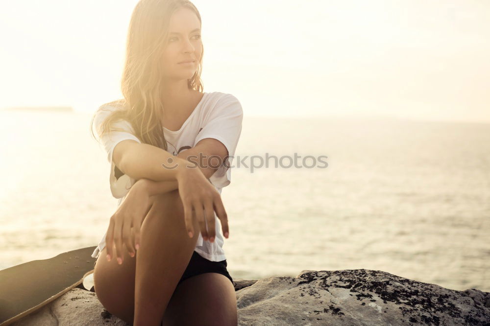 Similar – Young woman on a jetty Joy