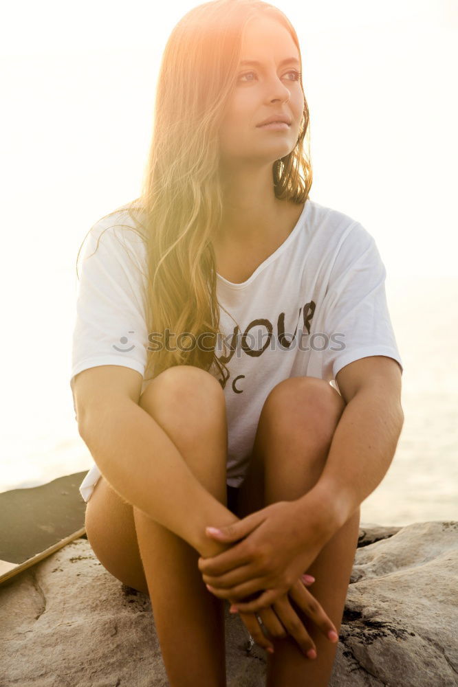 Similar – Image, Stock Photo Young dreamy woman at seaside