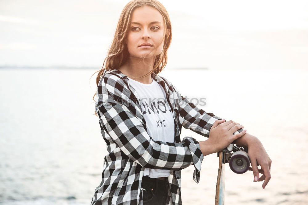 Similar – Image, Stock Photo Happy girl posing on the stones of a river