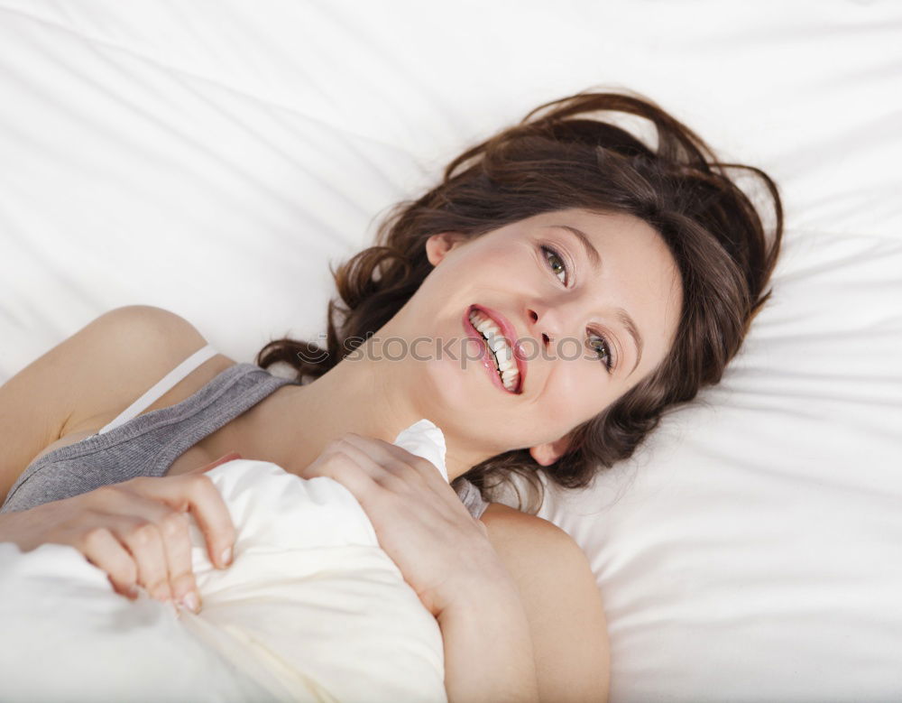 Image, Stock Photo Beautiful girl sitting in bed in white linens