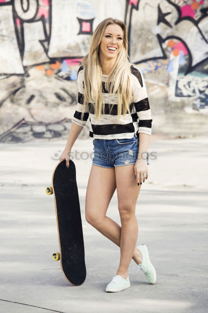 Similar – Image, Stock Photo Funny young blonde woman standing on urban background