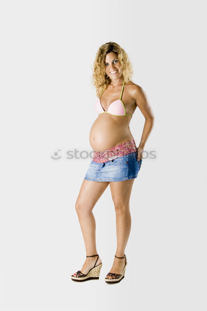Similar – Image, Stock Photo young redhead woman with curls and freckles stands barefoot in hot pants in front of white door and smiles