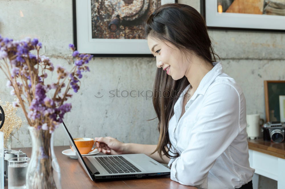 Similar – Image, Stock Photo Young beautiful woman with laptop , smartphone and coffee in a Restaurant