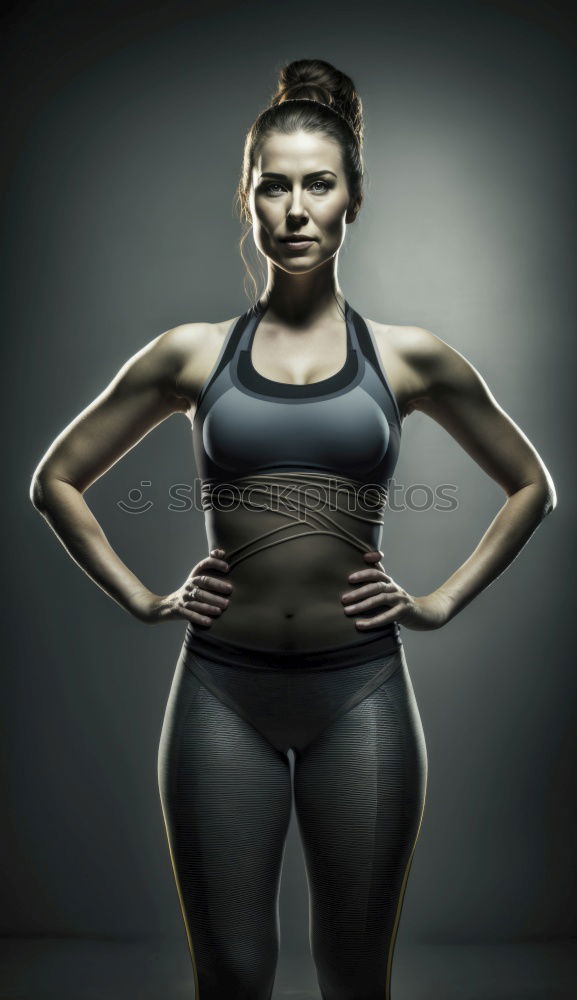 Similar – Image, Stock Photo Close up front portrait of one young athletic woman in sportswear in gym over dark background, standing in boxing stance with hands and fists, looking at camera