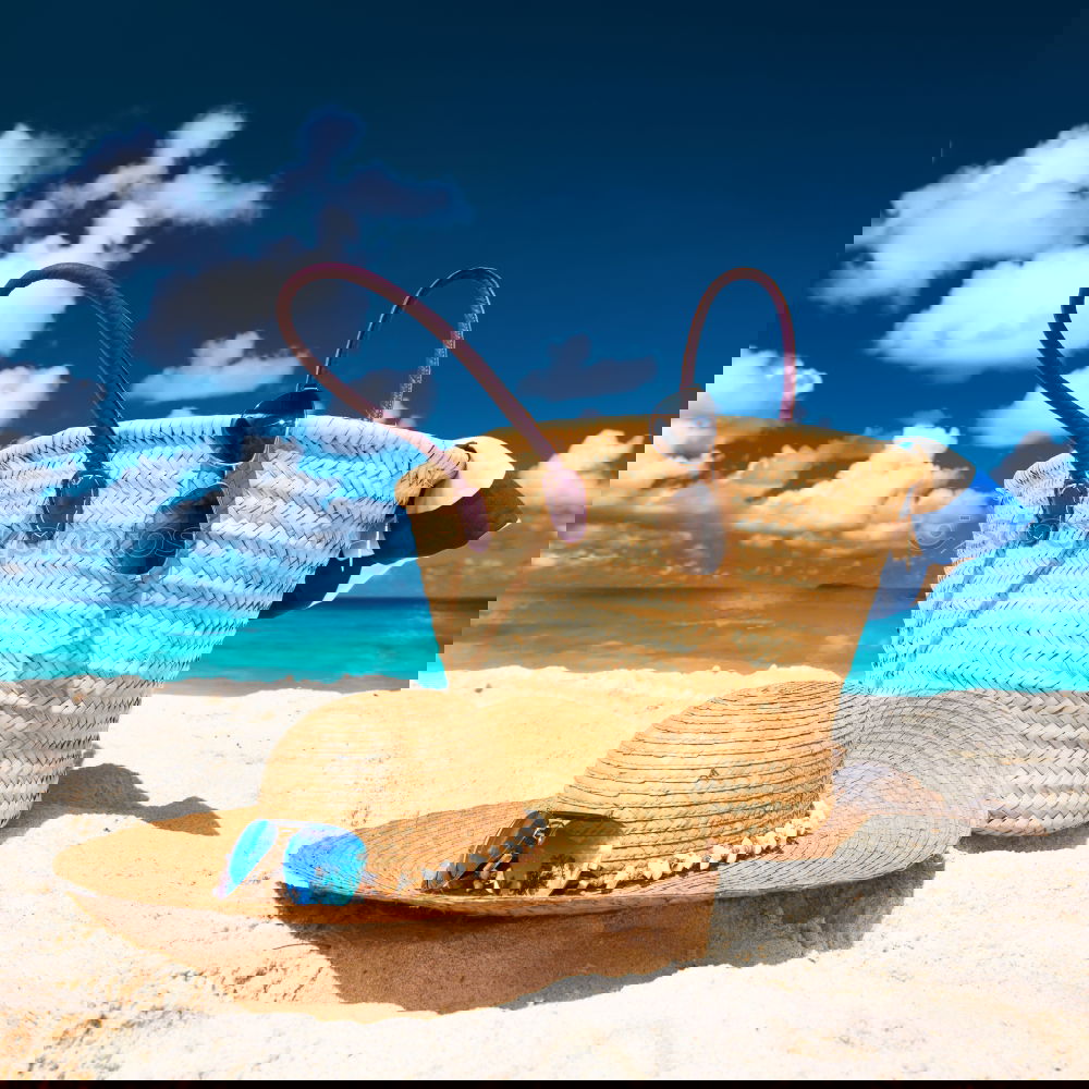 Similar – Image, Stock Photo Several beach accessories, bag, hat and color towel put on the sand close to the sea water