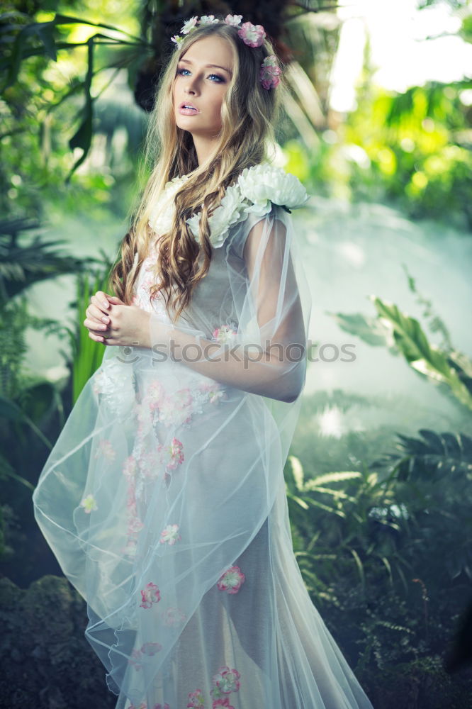 Similar – Blonde woman wearing vintage dress in a poplar forest