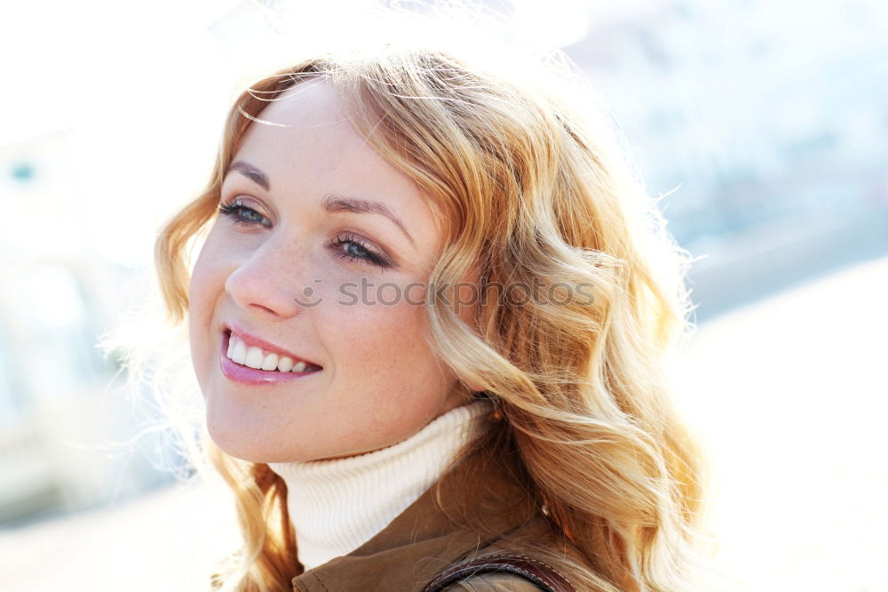 Similar – Image, Stock Photo young redheaded woman stands in front of a white door and smiles