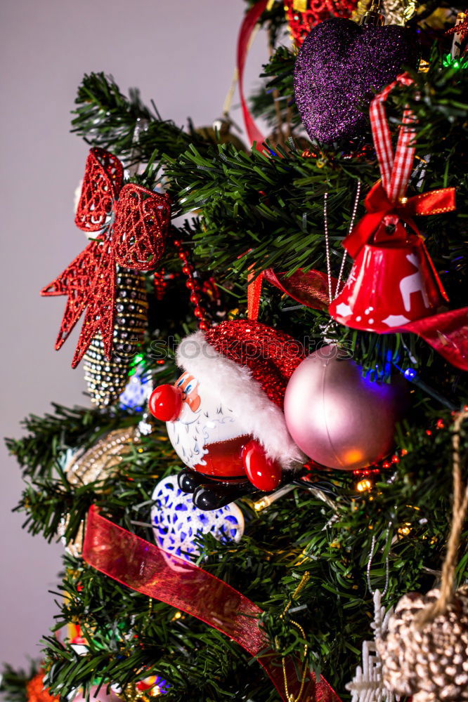 Similar – Image, Stock Photo Nostalgic Christmas decoration with delicate fir branches, red bauble and vases on an old table. Red christmas bauble hangs shiny on twigs. Glowing Christmas bauble hanging from branches in old white nostalgic porcelain pots at home.