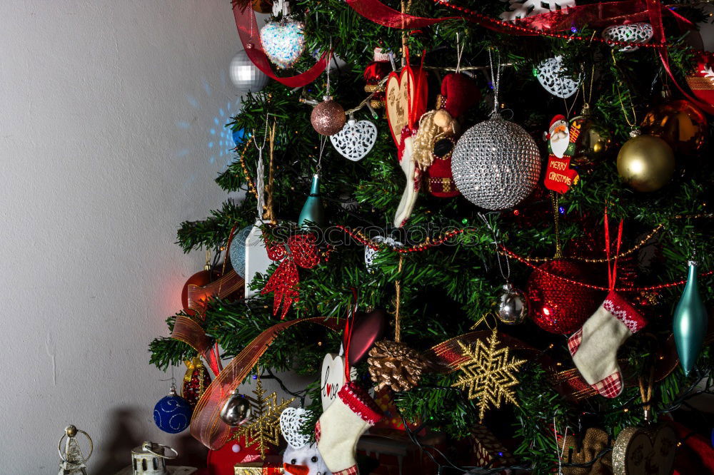 Image, Stock Photo Nostalgic Christmas decoration with delicate fir branches, red bauble and vases on an old table. Red christmas bauble hangs shiny on twigs. Glowing Christmas bauble hanging from branches in old white nostalgic porcelain pots at home.