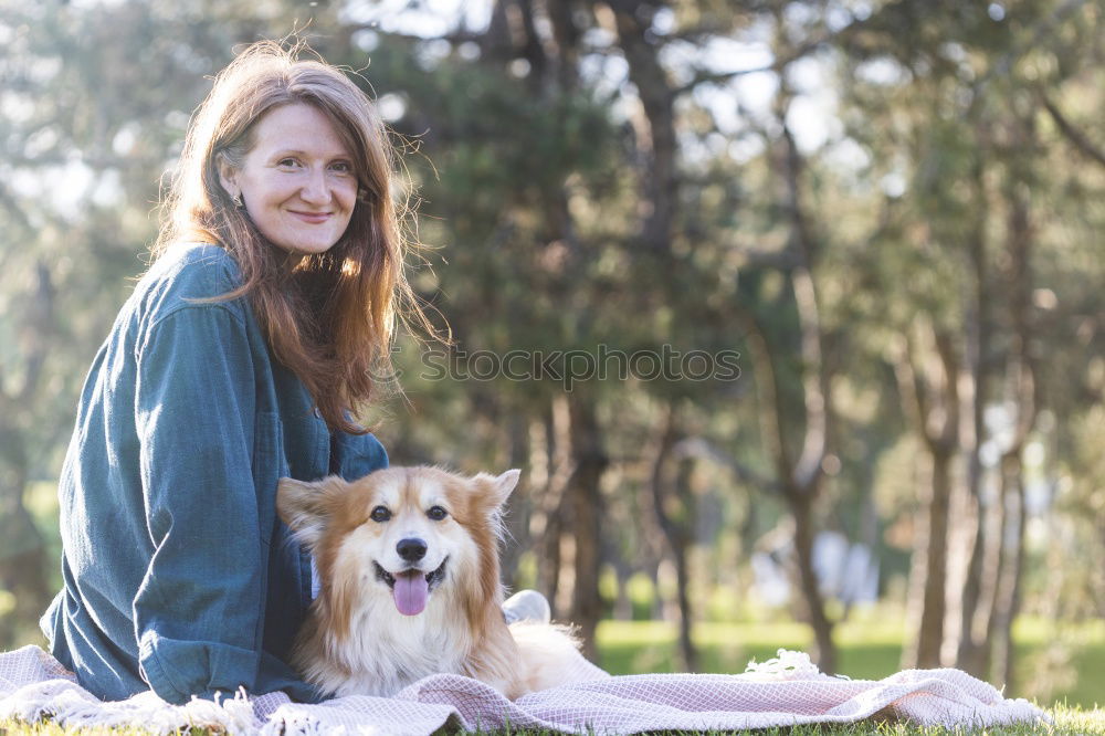 Similar – Image, Stock Photo analog medium format photo: young blond Labrador in forest with tall dark haired woman with wild curls smiling at camera