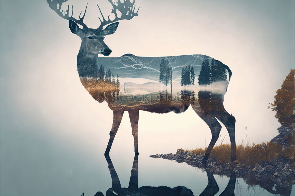 Stag at sunrise in winter landscape