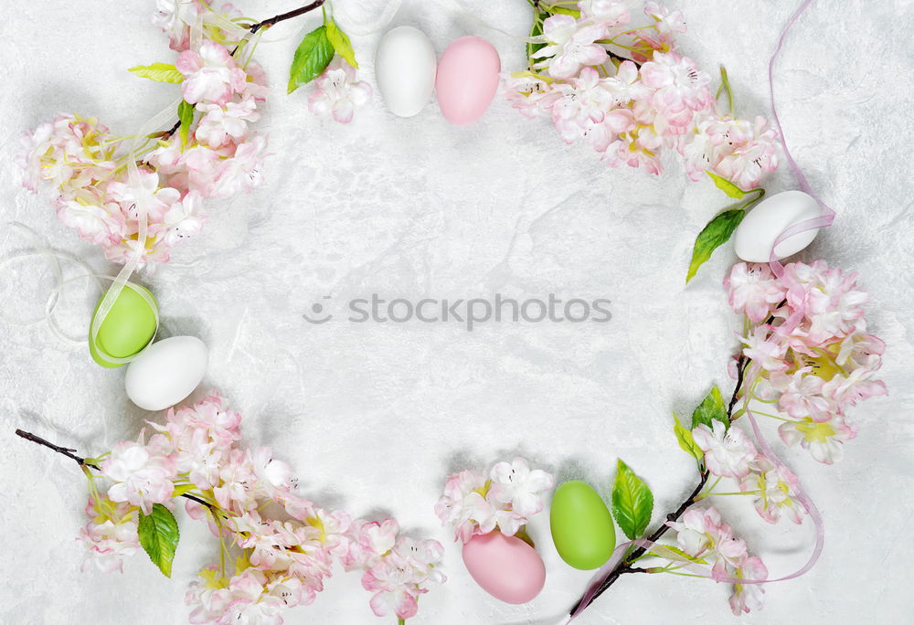 Image, Stock Photo Hanging Easter eggs with pink flowers