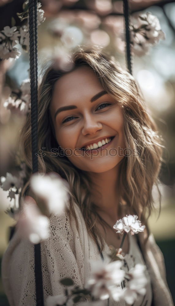 Image, Stock Photo Happy young blond woman sitting on urban autumn background.
