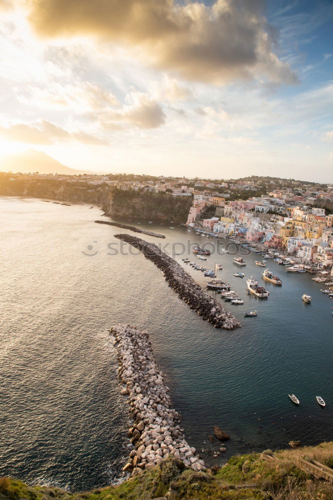 Similar – Scenic aerial view of city on ocean shore