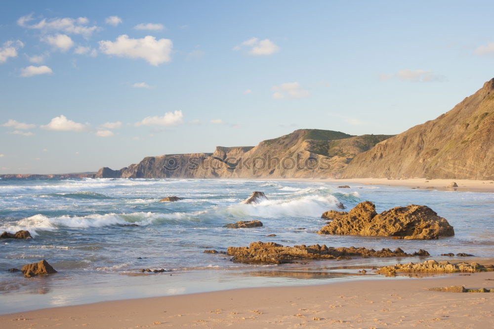 Similar – Summer Ocean Beach And Mountains Landscape In Portugal