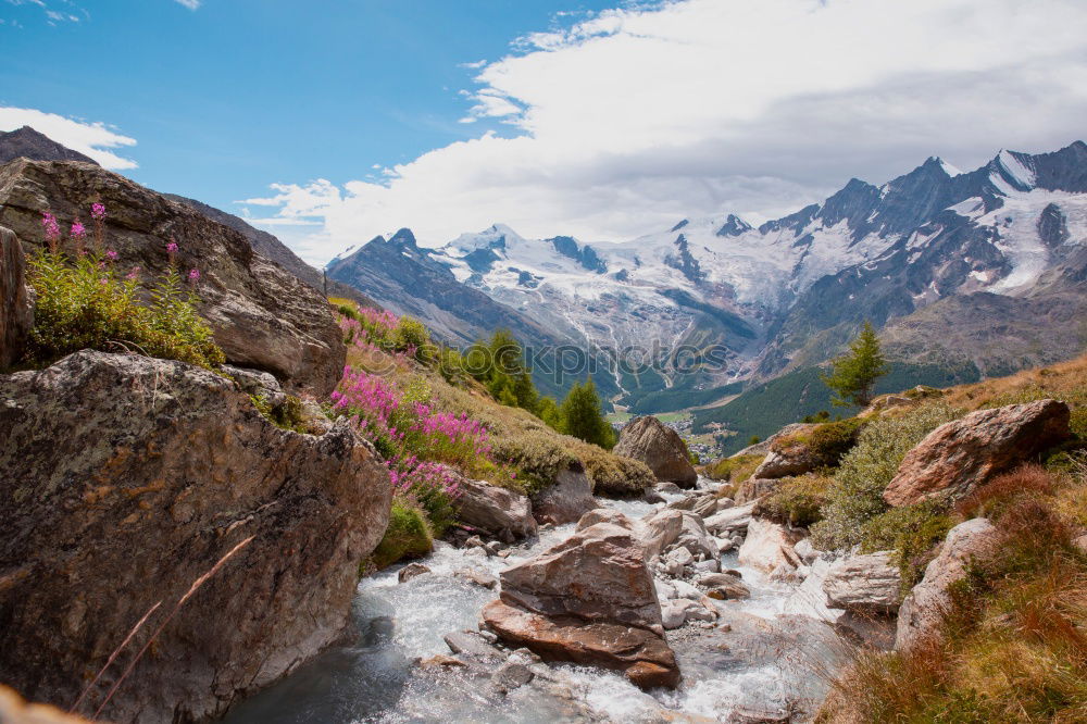 Similar – Wunderschöne Berglandschaft mit Bach bei den Alpen, Schweiz im Sommer bei blauem Himmel