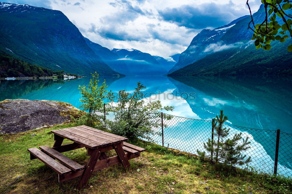 Similar – Image, Stock Photo Rustic benches on lakeshore