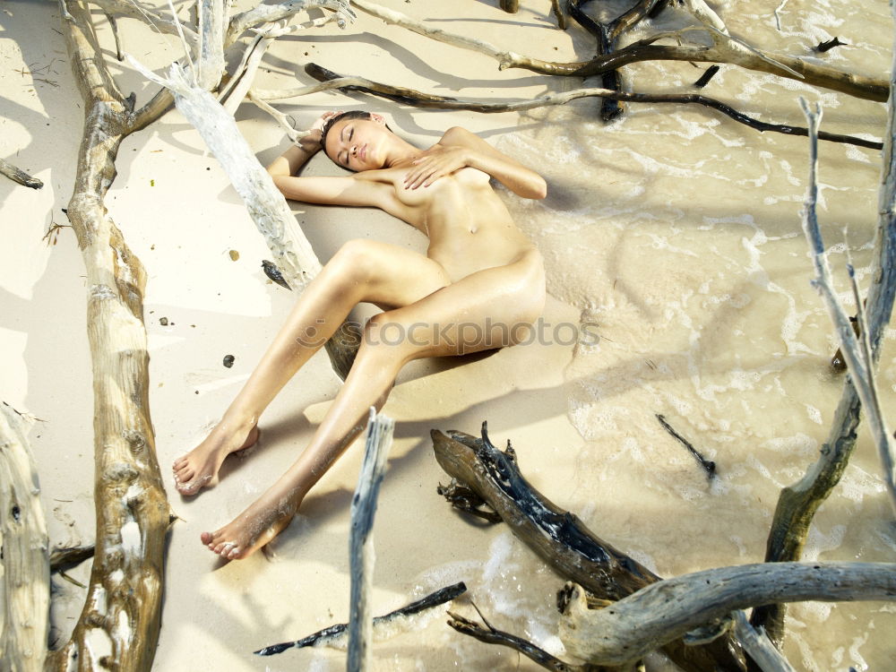 Similar – Young woman with turquoise hair sits barefoot in forest on beach and laughs loudly