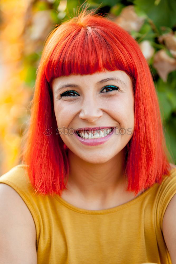 Similar – Image, Stock Photo Red haired woman with red checkered dress