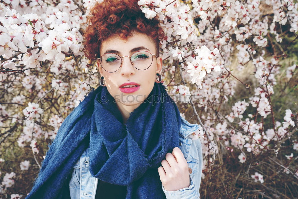 Image, Stock Photo Beautiful redhead woman surrounded by flowers in spring