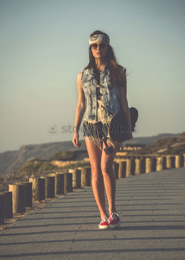 Similar – Image, Stock Photo Happy young adult hipster girl on skateboard with puppy