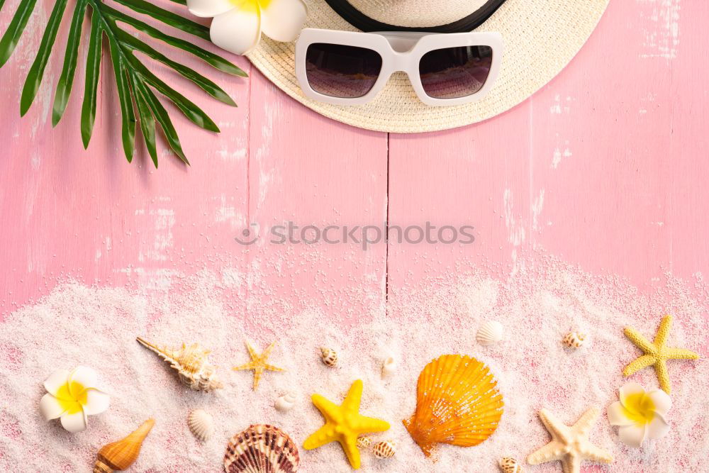 Similar – Straw hat with sunglasses and tropical leaves