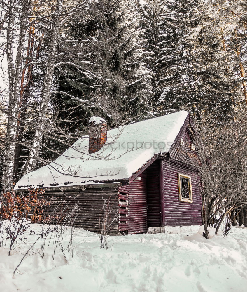 Image, Stock Photo morning sunrise over cabin in winter alpine forest and snow