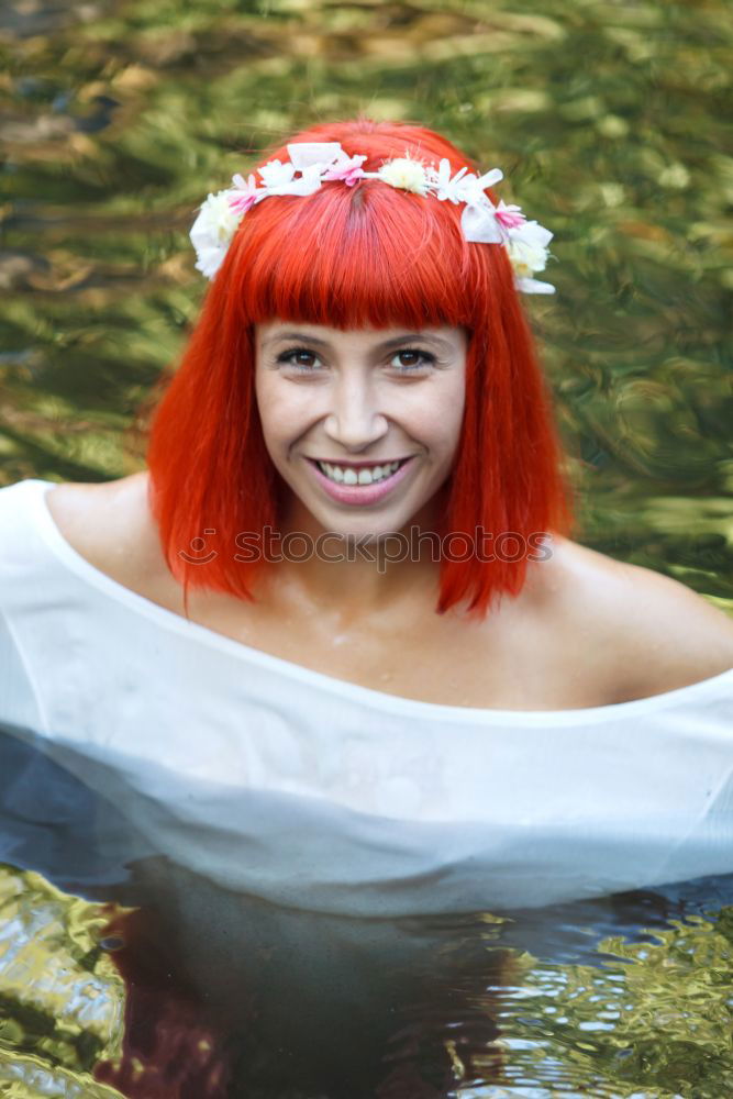 Similar – Image, Stock Photo Beautiful woman in white with flowered wreath in her head