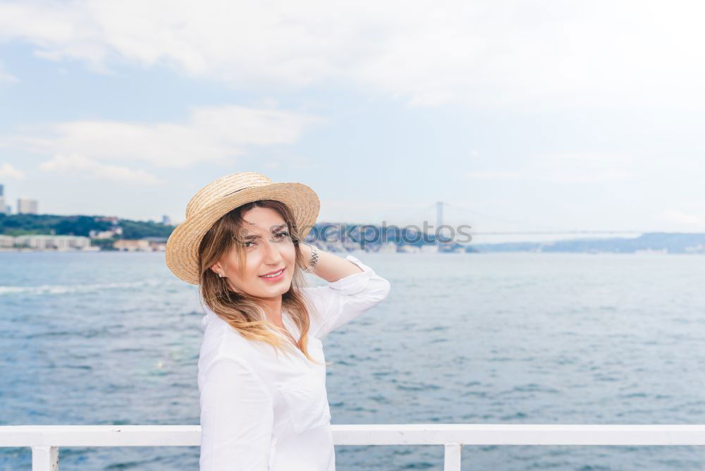 Image, Stock Photo Beautiful girl with a hat and sunglasses posing in Sydney, with Harbour Bridge in the background.