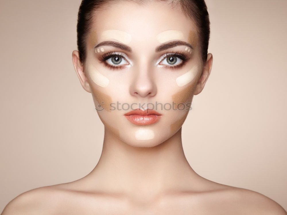 Image, Stock Photo Young woman with bald/very short hair stands naked on side in front of light green wall