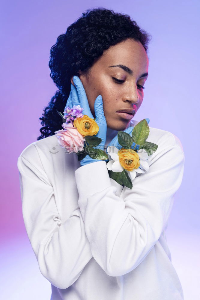 Similar – Stylish black woman in trendy outfit in studio