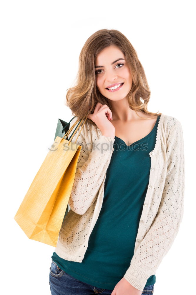 Image, Stock Photo Happy autumn or winter girl with wool cap shopping