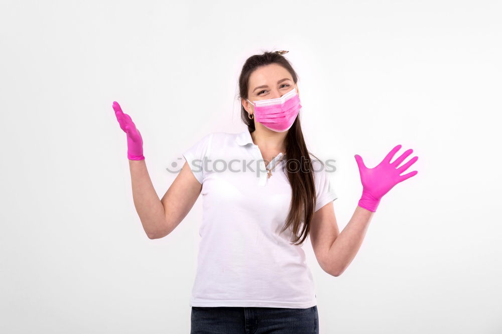 Similar – Image, Stock Photo Woman with face mask and gloves stops the Corona Virus epidemic