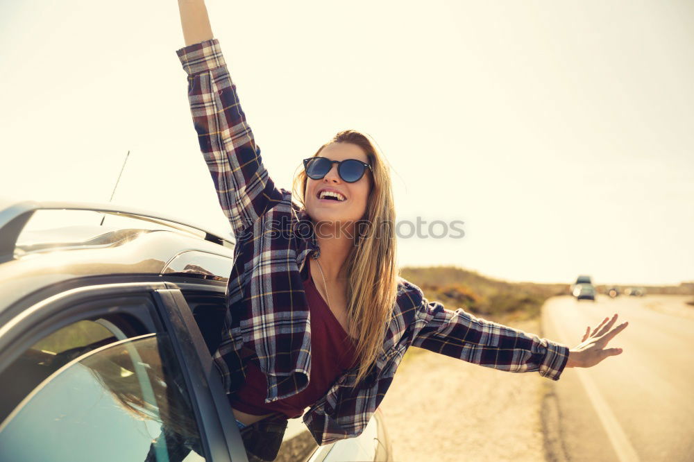 Image, Stock Photo happy child girl looking out the car window