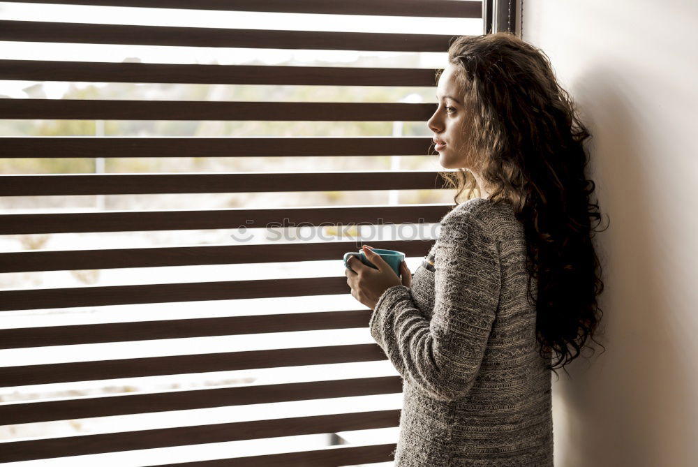 Image, Stock Photo Beautiful model with cup of coffee and smartphone