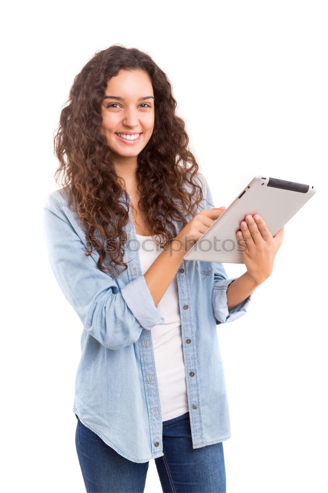 Similar – Image, Stock Photo Smiling African woman using digital tablet outdoors.