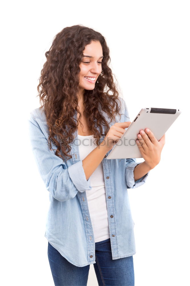 Image, Stock Photo Smiling African woman using digital tablet outdoors.