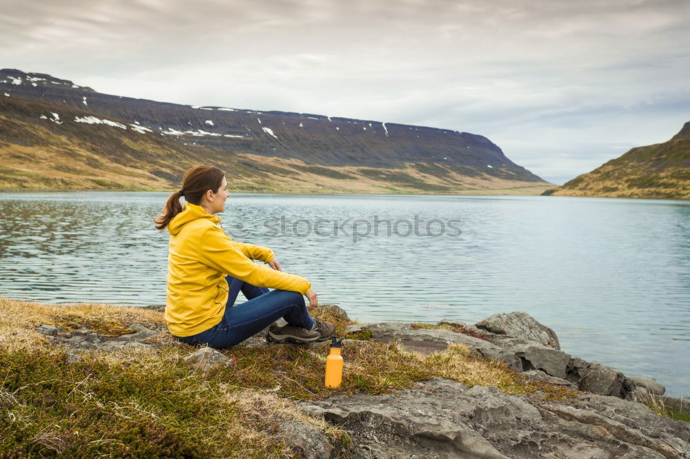 Similar – Image, Stock Photo Woman looking at mountain lake