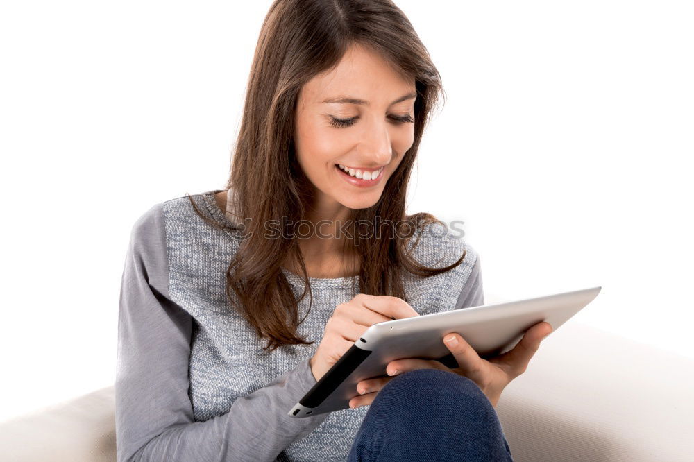 Similar – Image, Stock Photo Smiling African woman using digital tablet outdoors.