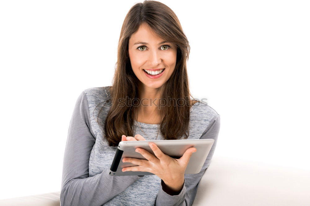 Similar – Image, Stock Photo Smiling African woman using digital tablet outdoors.