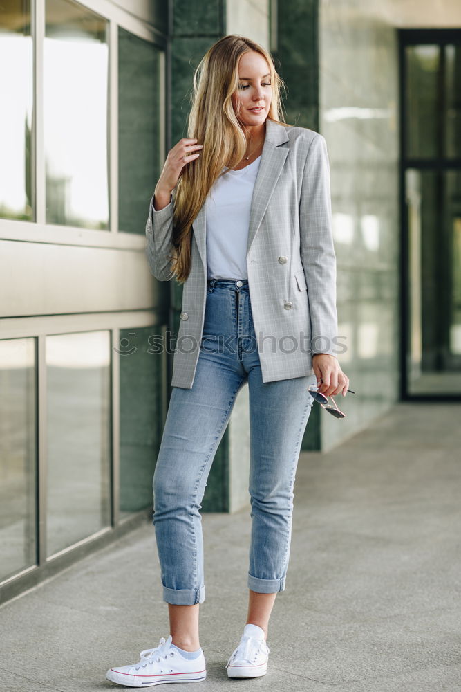 Similar – Image, Stock Photo Blond woman smiling sitting in urban steps