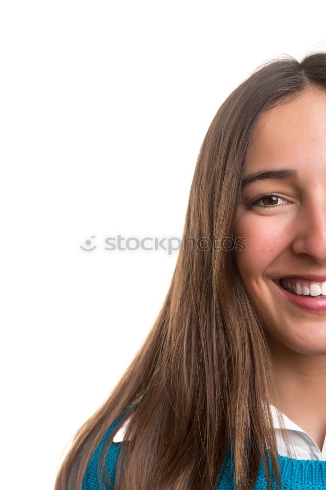 Similar – Close portrait of beautiful young woman with green eyes smiling at camera