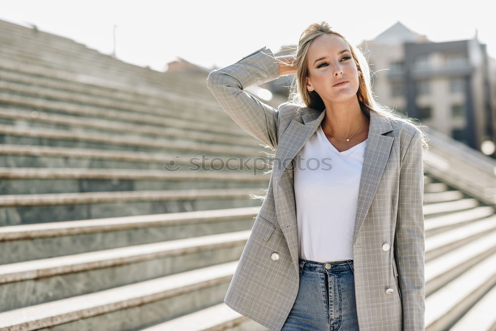 Similar – Image, Stock Photo Blond woman smiling sitting in urban steps