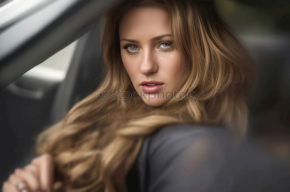 Image, Stock Photo Blonde girlt with defocused city lights at the background.