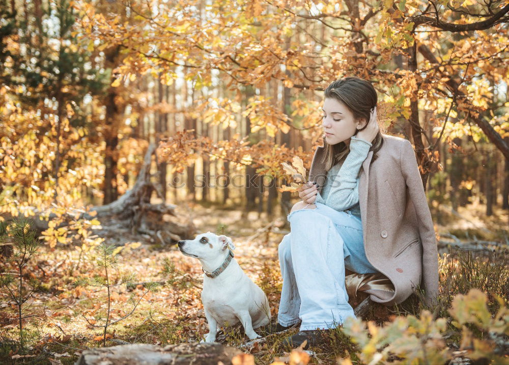 Similar – Image, Stock Photo analog medium format photo: young blond Labrador in forest with tall dark haired woman with wild curls smiling at camera