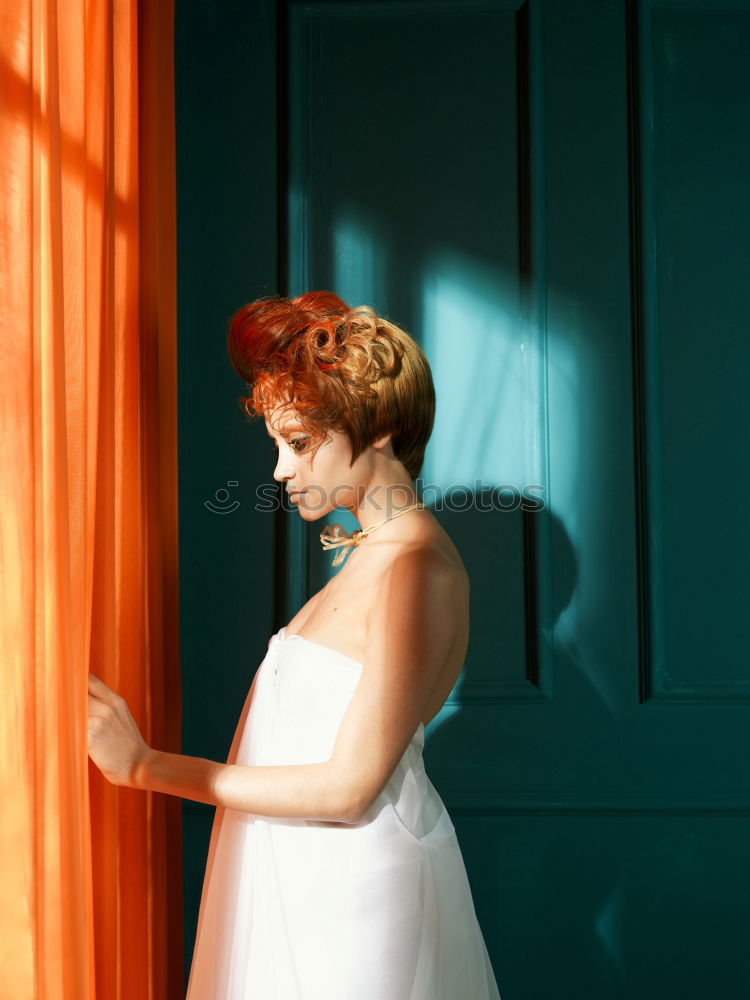 Similar – Image, Stock Photo Young redhead woman with a yellow dress in a yellow room