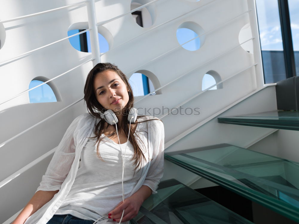 Similar – Image, Stock Photo Cheerful woman standing at handrail