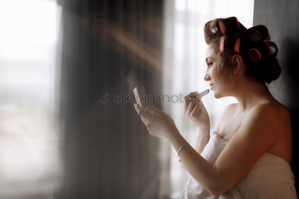 Similar – beauty girl sitting in a coffee shop with a cup in her hands