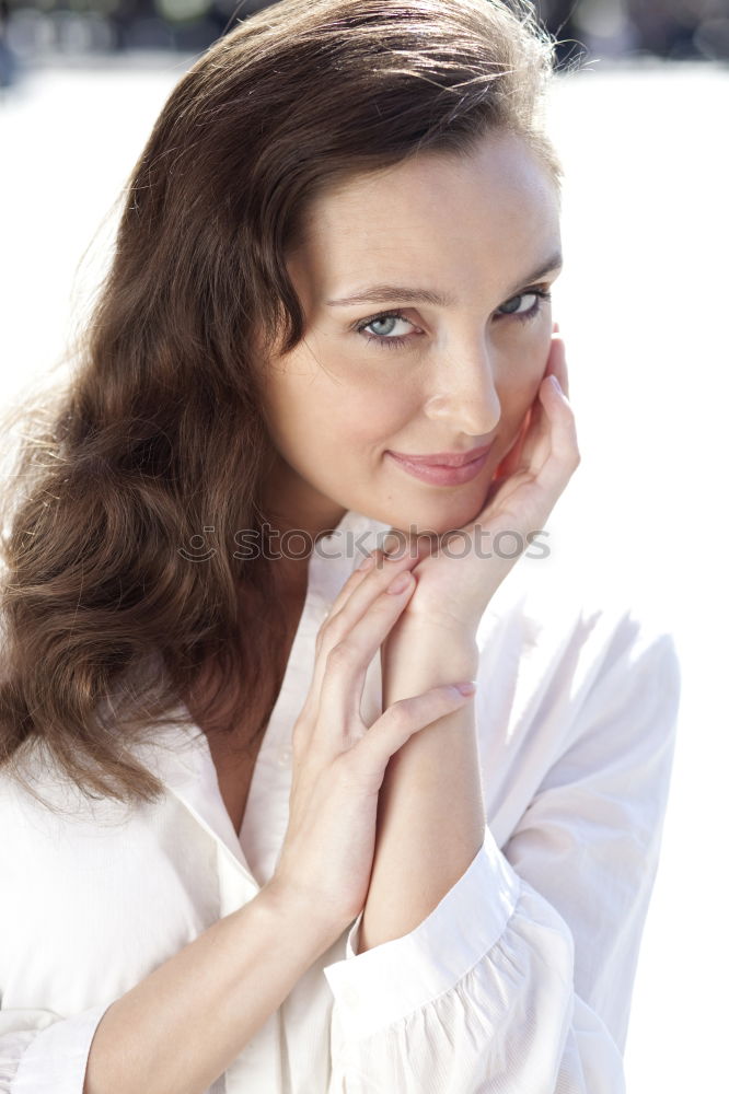 Similar – Image, Stock Photo young redheaded woman stands in front of a white door and smiles